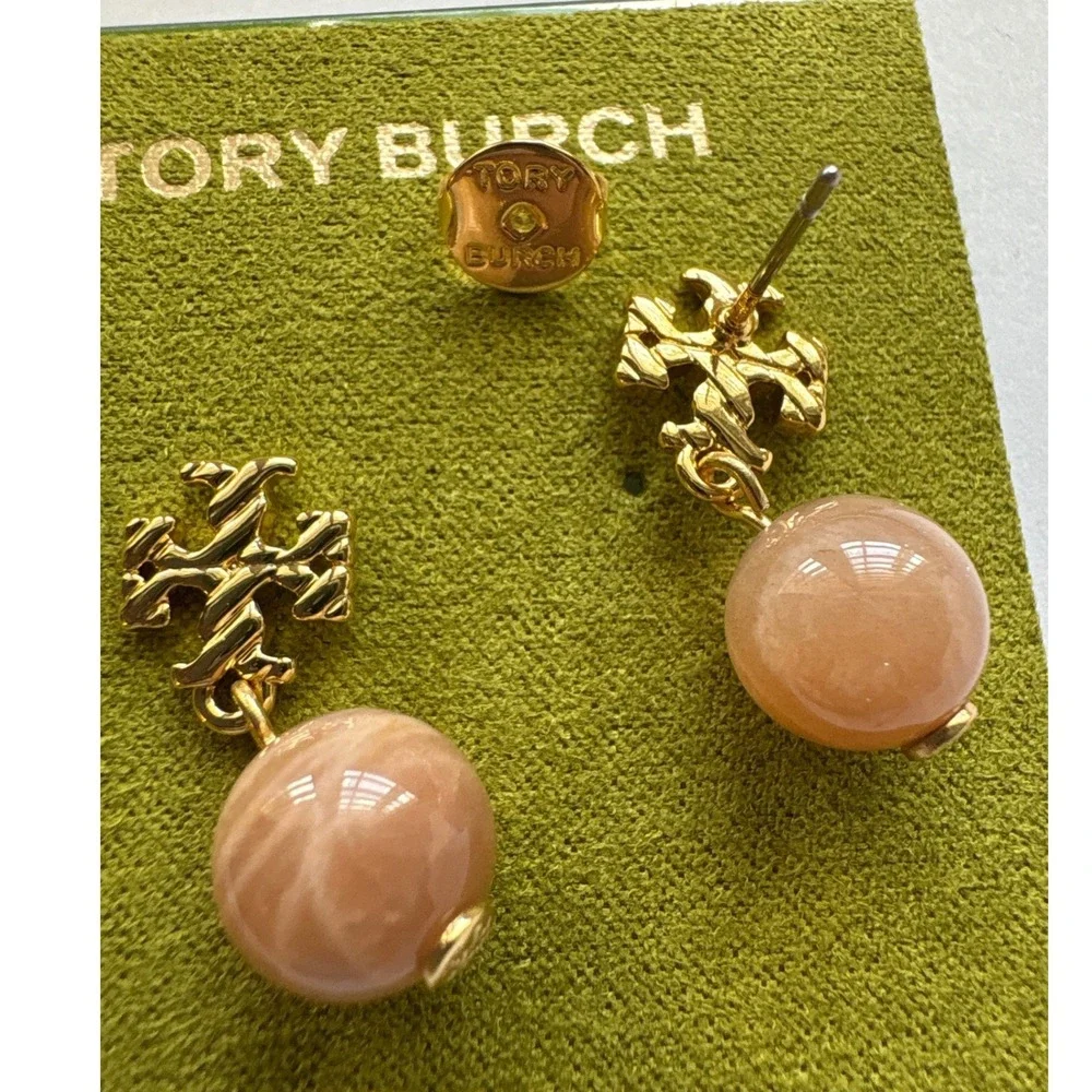 Tory Burch Roxanne Pink Stone Drop Dangle Earrings Gold Tone New